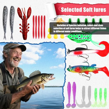 EXAURAFELIS Fishing Lures Tackle Kit, Mixed Hard & Soft Baits Metal Spoons Fishing Accessories for Bass Trout Pike Freshwater Saltwater Fishing - color: 75pcs