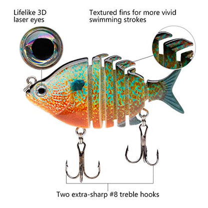 Bassdash SwimPanfish 0.34oz Hard Swimbaits Multi Jointed Topwater Trout Bass Fishing Crank Lure for Freshwater and Saltwater - color: Longear Sunfish