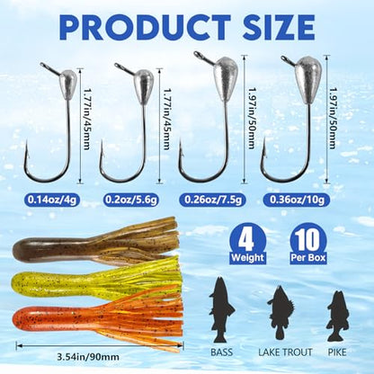 Eupheng Tube Baits for Bass Fishing, Soft Plastic Bait Worm Tube Jig Kit Tube Worms with Tube Jig Heads for Lake Trout Smallmouth Largemouth Bass - size: 3.5" tube(15)+1/4oz(5)+3/8oz(5)TUBE jigs