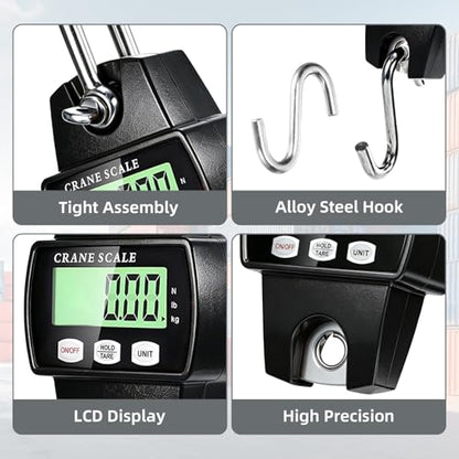 Digital Hanging Scale, 1100lb/500kg Crane Scale, Handheld Digital Hanging Scale, Mini Crane Scale with LCD Display and Hooks, Aluminum Alloy Body for Hunting, Outdoor, Fishing, Farm (Black) - color: Black-1100lb