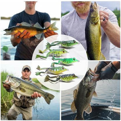Topwater Frog Lures – 5 Pack Hollow Body Weedless Bass Bait with Heavy-Duty Hooks for Lily Pads, Heavy Cover, Pike & Snakehead – Tackle Box Included
