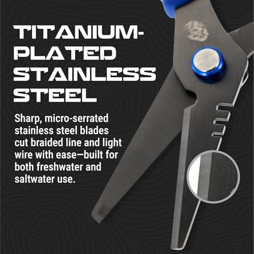 Reaction Tackle Fishing Line Scissors, 6.5 Inch Heavy Duty Braid Shears with Serrated Stainless Steel Blades, Multi-Tool with Sheath, Cuts Braid, Mono, Fluoro and Wire
