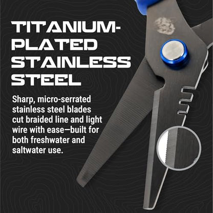Reaction Tackle Fishing Line Scissors, 6.5 Inch Heavy Duty Braid Shears with Serrated Stainless Steel Blades, Multi-Tool with Sheath, Cuts Braid, Mono, Fluoro and Wire