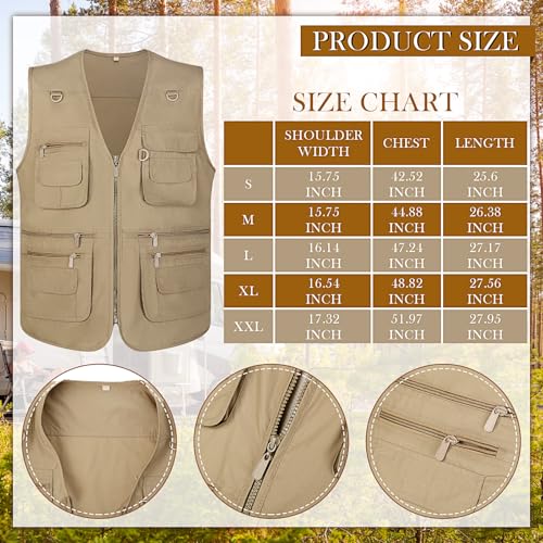 Janmercy 2 Pieces Men's Work Fishing Vest with Hat Lightweight Safari Travel Hunting Waistcoat With Multi Pockets Fishing Hat - color: Dark Khaki,, size: Small