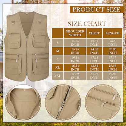 Janmercy 2 Pieces Men's Work Fishing Vest with Hat Lightweight Safari Travel Hunting Waistcoat With Multi Pockets Fishing Hat - color: Dark Khaki,, size: X-Large