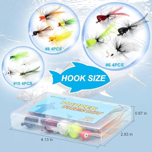 Fly Fishing Poppers Flies, Fly Popper Lures Bass Bluegill Crappie Trout Salmon Panfish Perch Popper Flies Kit for Fly Fishing - color: 12pcs 3 Size Popper Flies