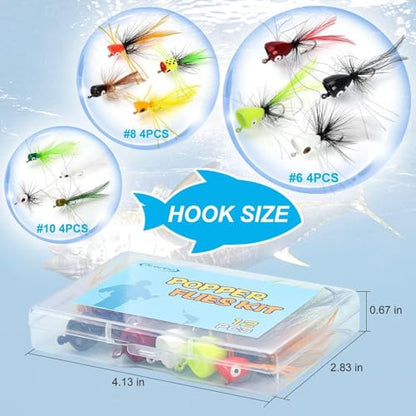 Fly Fishing Poppers Flies, Fly Popper Lures Bass Bluegill Crappie Trout Salmon Panfish Perch Popper Flies Kit for Fly Fishing - color: 12pcs 3 Size Popper Flies