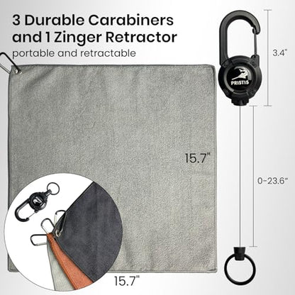Pristis 3 Pack Fishing Towels with Clips & one Heavy Duty Zinger Retractor, 16x16'' Retractable Plush Microfiber Bait Towel with Loop, Absorbent Utility Accessory for Fly Fishing Kayaking Hiking Boat