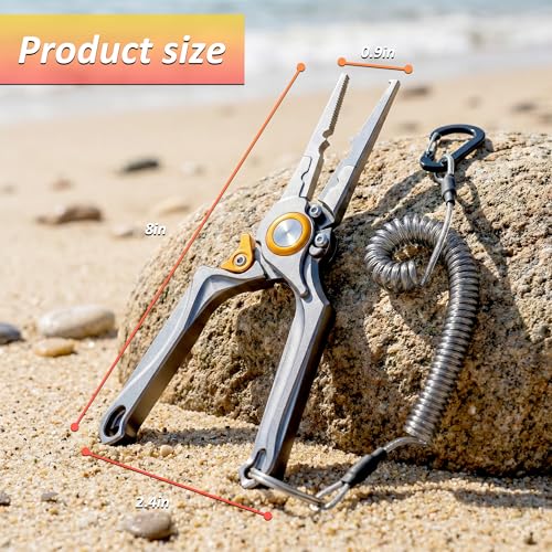 8” Lockable Fishing Pliers, Corrosion Resistant Saltwater Fishing Gear, Multi Purpose Fish Tool Braid Line Cutter Split Ring Hook Remover Crimper with Lanyard, Fishing Gifts for Men
