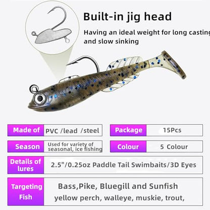 15Pcs Pre-Rigged Jig Head Soft Mini Fishing Lures，2.5"/0.25oz Paddle Tail Swimbaits/3D Eyes,Ice Fishing Jigs Lures Kit,Fishing Bait for Bass,Pike, Bluegill and Sunfish Freshwater Saltwater