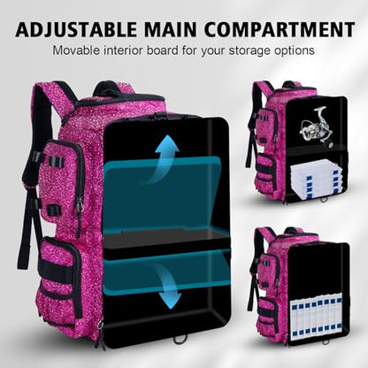 Goture Fishing Backpack,900D Water-Resistant Tackle Backpack with Rod Holders,45L Large Fishing Bag Storage Gear Tackle Bag with Rain Cover,Bottle Holder for Travel Camping Hiking(Without Tackle Box) - color: A2:45L Bling Pink(Without Tackle Box)