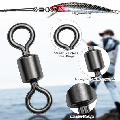 DONQL 200pcs Fishing Barrel Swivels, Stainless Steel Rolling Bearing Snap Connector for Saltwater Freshwater Leader Line Lure, Swivels Fly Fishing Tackles 61.7lbs to 6.6lbs #4#6#8#10#12#14