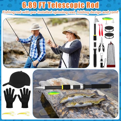 Telescopic Fishing Rod and Reel Combo 2 Pcs Collapsible Fishing Pole Kit with Plier Lip Gripper Lures Carrier Bag Pre-Loaded Spinning Reel for Beginner Men Travel Saltwater Freshwater - size: 5.91ft