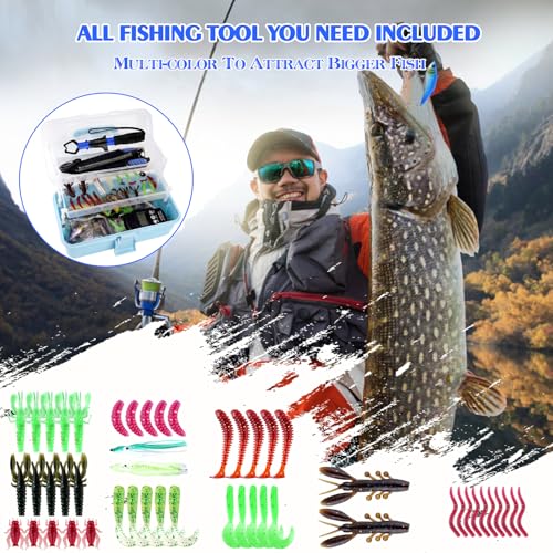 3-Layer Fishing Tackle Box with Tackle Included, Fishing Tools Kit Includes Pliers Fish Lip Gripper Scale Crankbait Spinnerbaits Soft Baits Hooks, Ideal Gift for Angler Saltwater Freshwater (Blue) - color: Blue