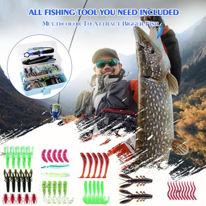 3-Layer Fishing Tackle Box with Tackle Included, Fishing Tools Kit Includes Pliers Fish Lip Gripper Scale Crankbait Spinnerbaits Soft Baits Hooks, Ideal Gift for Angler Saltwater Freshwater (Blue) - color: Blue