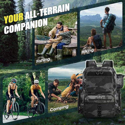 RAINSMORE 45L Fishing Backpack with Rod Holders & Rain Cover Large 900D Water-resistant Fishing Tackle Bag Store Fishing Gear - color: Black Gray Camouflage