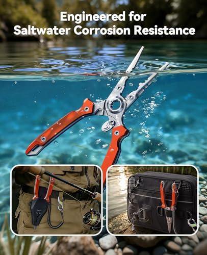 KEXMO 17-4 Stainless Steel Fishing Pliers, Anti-Twist Saltwater Hook Remover Tool, 7.17" Split Ring Pliers with Tungsten Cutters, Lightweight Aluminum Scales, Luminous Locking S-Carabiner - color: Orange