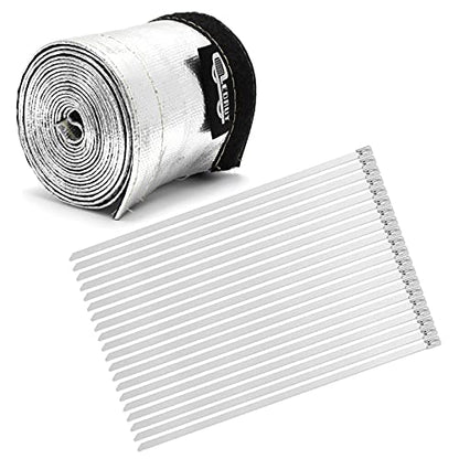 Heat Shroud Aluminized Sleeving Heat Shield Fuel line Wire Heat Sleeve 1" I.D. x 10FT with 20 Pcs 7.8Inch Stainless Steel Cable Metal Zip Ties - size: 1"I.D.x 10FT