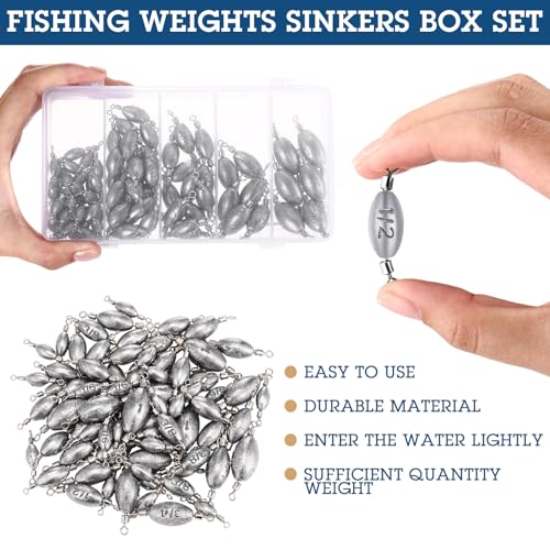 78 Pcs/Box Fishing Weights Inline Weights Trolling Sinkers Swivel Weights with Inner Swivel for Ocean Saltwater Surf Bass Fishing Casting Gear Tackle 1/6 Oz, 3/8 Oz, 1/2 Oz, 3/4 Oz, 1 oz