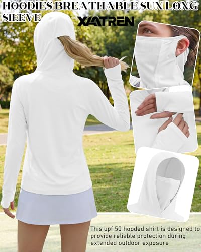 Xaatren 3 Pack Women's UPF 50+ Sun Hoodies with Face Mask Thumb Holes Quick Dry Fishing Shirts UV Protection Hiking Shirt - color: White, White, White, size: Medium