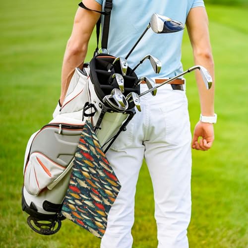 Multicolor Hand-Painted Fish Print Golf Towel, Microfiber Golf Towels for Bags with Carabiner Clip 16 x 24 inches, Men Womens Golfs Accessories