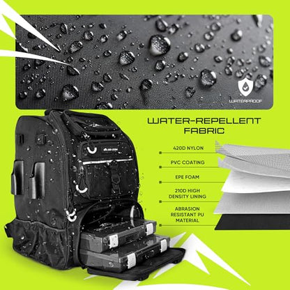 Waterproof Fishing Backpack with Tackle Boxes, Rod Holder & Foldable Net - 45L Fishing Tackle Bag with Trays Included, Extra Storage Gear and Equipment, Rain Cover, Fisherman Gift for Men - color: Large (45 L) - Black