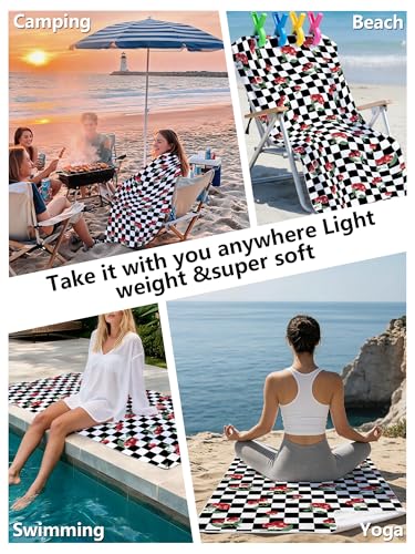 Black and White Checkered Beach Towel - Retro Plaid Cherry Large Sand Free Towel 30x60 Inch for Beach Camping Swim Pool Gym Sports & Yoga, Cherry Themed Gifts for Women - color: Btowels01