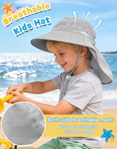 Rosoz Kids Sun Hat with Neck Flap UV Protection Summer Toddler Beach Hat Unisex Ponytail Hat Wide Brim Fishing Hat - color: Dark Green+light Grey