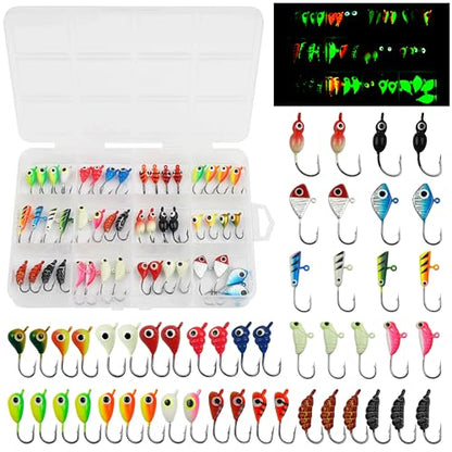 Ice Fishing Jigs Lures kit, Luminous Ice Fishing Gear Crappie Panfish Jigs Head Fishing Hooks Set for Winter Ice Jigging Walleye Perch Bluegill 24/36/48pcs - style: 48pcs