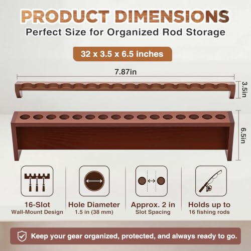 Sintuff 1 Pair 16-position Fishing Rod Rack, Wall Mount Pole Holder, Solid Red Oak Wood Rack, Walnut Finish, Space-saving Fishing Pole Storage, 16 Rod Max Capacity, for Garage, Home
