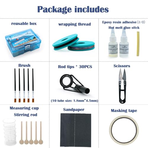 FishTrip Rod Tip Repair Kit, 20/60/70/90/230pcs Fishing Rod Tips Replacement Kit Stainless Steel Ceramic Guides Ring Fishing Pole Eyelets Repair Kit - color: G_30pcs Repair Kit