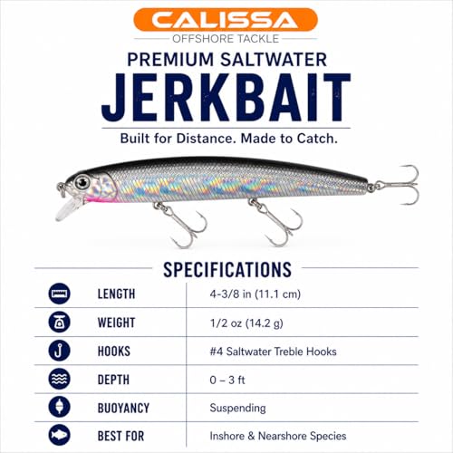 Calissa Offshore Tackle 110mm and 140mm California Inshore Fishing - Special Jerkbait Crankbait Surf Flash Fishing Salt Pro Lure Minnow Zebra MS Metallic Sardine Glow - size: 110mm, style: Anchovy