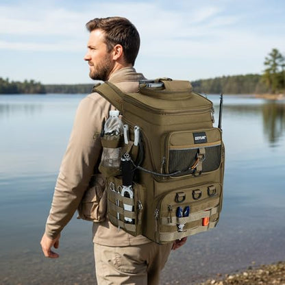 Goture Fishing Backpack, 900D Water-Resistant Tackle Bag with Rod Holders, Insulated Cooler Compartment, 55L Large Capacity Fishing Gear Storage for Saltwater&Freshwater Camping Hiking,Gifts for Men - color: A2:khaki(without Tackle Boxes)