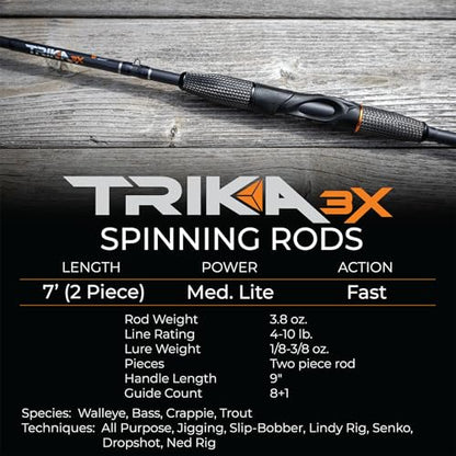 TRIKA 3X Carbon Rod Carbon Weave Rod for Extra Sensitive Vibration | Longer Casting | Lightweight Freshwater Fishing Pole - style: Spinning 7' Medium Lite/Fast 2 Pc.