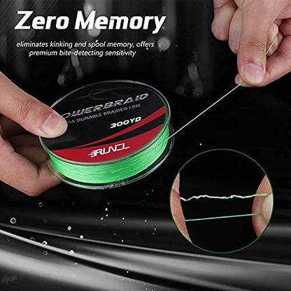 RUNCL PowerBraid Fishing Line 4/8/9 Strands, Braided Fishing Line 300/500/1000Yds - Seamless Weaving Tech, Enhanced Coating Tech, Zero Stretch, High Sensitivity, Smaller Diameter - Braid Line 15-115LB - color: Hi-Vis Green, size: 15LB-500yds(4 Strands)
