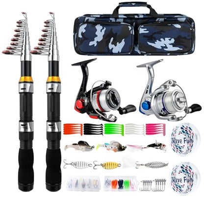 Telescopic Fishing Rod Reel Combo 2PCS 6.89FT Collapsible Fishing Pole Spinning Reel Lures Accessories with Fishing Bag Portable Fishing Rod Kit for Saltwater Freshwater Travel Fishermen Gift - color: Black