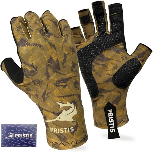 Pristis Half-Finger Fishing Gloves, UPF 50+ Breathable Quick Drying Fingerless Sun Gloves for Women Men, Fly Fishing Hunting Paddling Sailing Kayaking Hiking Canoeing Cycling - color: Canyon CAMO, size: L - XL