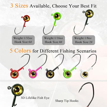 100PCS Crappie Lures Kit, Split Tail Soft Plastic Baits & 3 Sizes Jig Heads 1/32oz 1/16oz 1/8oz, Panfish Bluegill Shad Minnow Fishing Jig Lures Complete Tackle Box Set - size: 20pcs 1/8oz Jig Heads + 80pcs Soft Lures Combo
