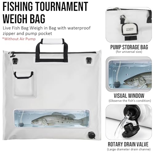 THKFISH Fish Tournament Weigh in Bag for Bass Fishing with Leakproof Zipper | Heavy Duty Live Fish Bags for Caught Fish with Waterproof Zipper and Mesh Liner,Puncture Resistant - color: White-25×23in