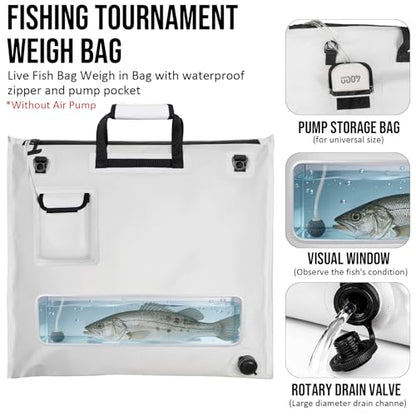 THKFISH Fish Tournament Weigh in Bag for Bass Fishing with Leakproof Zipper | Heavy Duty Live Fish Bags for Caught Fish with Waterproof Zipper and Mesh Liner,Puncture Resistant - color: White-25×23in