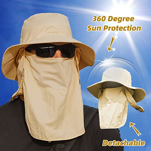 Fishing Hat for Men Sun Protection Hat with Removable Mesh Face Neck Flap Cover Windproof Strap for Men and Women - color: Khaki