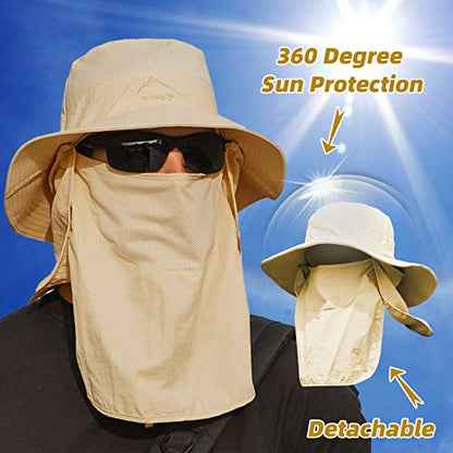 Fishing Hat for Men Sun Protection Hat with Removable Mesh Face Neck Flap Cover Windproof Strap for Men and Women - color: Khaki