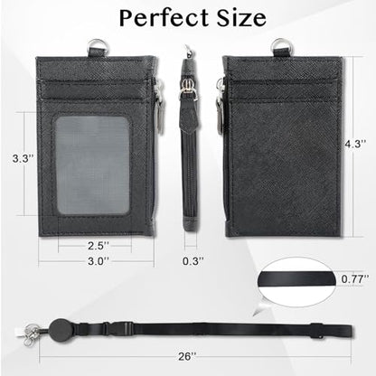 DELSWIN Badge Holder with Retractable Lanyard, PU Leather ID Badge Card Holder with 1 ID Window, 4 Card Slots, 1 Side Zipper Pocket, and Adjustable Neck Strap - color: Leather - Badge Holder With Lanyard