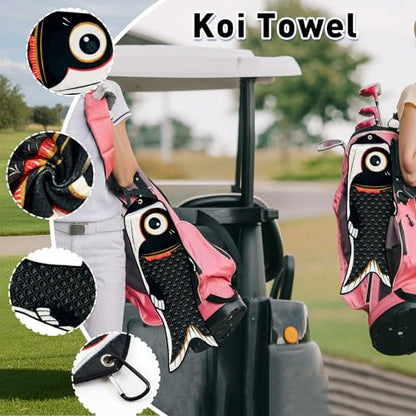 Mindsoft Koi Fish Golf Towel Cute Microfiber Golf Towel Carabiner Clip, Cleaning Cloth & Clubs Koi Pattern Golfs Accessories and Gifts for Men Women(Black) - color: Black