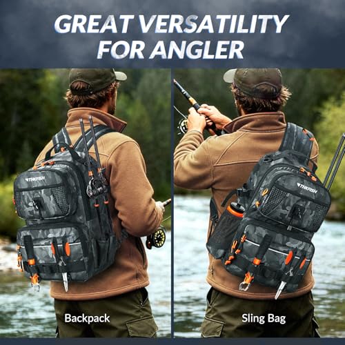 THKFISH Fishing Backpack Tackle Sling Bag, 20L Tackle Backpack with Rod Holder Store Fishing Gear, Gifts for fishermen - color: Black Camo