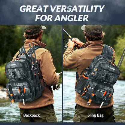 THKFISH Fishing Backpack Tackle Sling Bag, 20L Tackle Backpack with Rod Holder Store Fishing Gear, Gifts for fishermen - color: Black Camo
