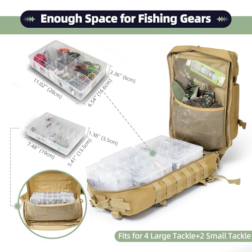TBNBO 45l Large Fishing Tackle Backpack with Removable Plier Holder & Rod Holders, Khaki Tactical Bag, Fishing Gear and Tackle Box Organizer, Hiking Rucksack without Tackle Box - color: Khaki