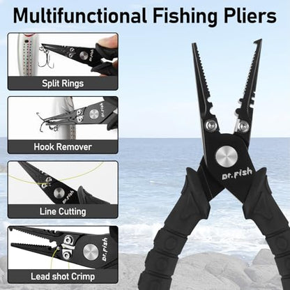 Dr.Fish Fishing Split Ring Pliers Fish Lip Gripper Hook Remover Grey | Freshwater & Saltwater Fishing Tools: 420 Stainless Steel Lip Gripper Hook Remover with PVC Handle, Lanyards and Sheath - color: Grey-6"