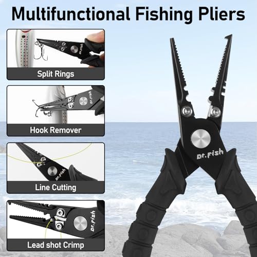 Dr.Fish Fishing Split Ring Pliers Fish Lip Gripper Hook Remover Grey | Freshwater & Saltwater Fishing Tools: 420 Stainless Steel Lip Gripper Hook Remover with PVC Handle, Lanyards and Sheath - color: Grey-6"
