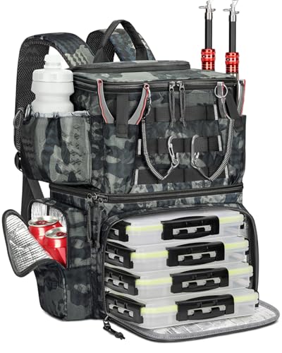 MATEIN Fishing Backpack with 4 Tackle Boxes, Fishing Bag with Rod Holder | 3600 Tackle Box 4 Pack, Water Resistant Tackle Backpack with Cooler Compartment, Safety Compass, Gifts for Fishermen - color: Camouflage